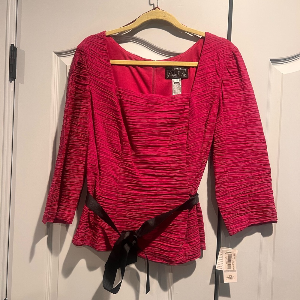 Alex Evenings Women's Pink Ruched Blouse with Black Ribbon
